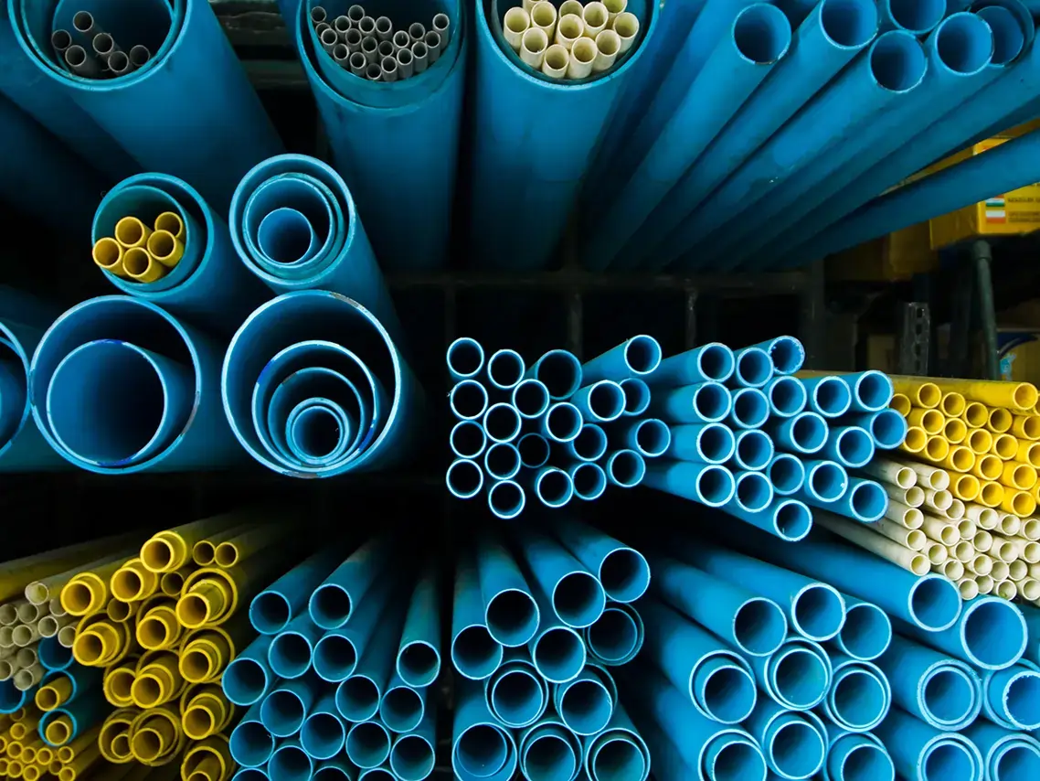 PVC pipes in two different colours of blue and yellow