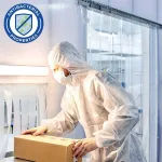 Medical Worker working in a Clean Room with Antibacterial PVC Strip Curtains in the background