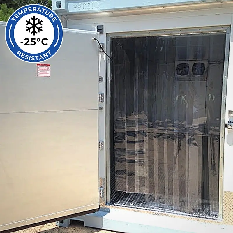 Low Temperature PVC Strip Curtains in a freezer doorway