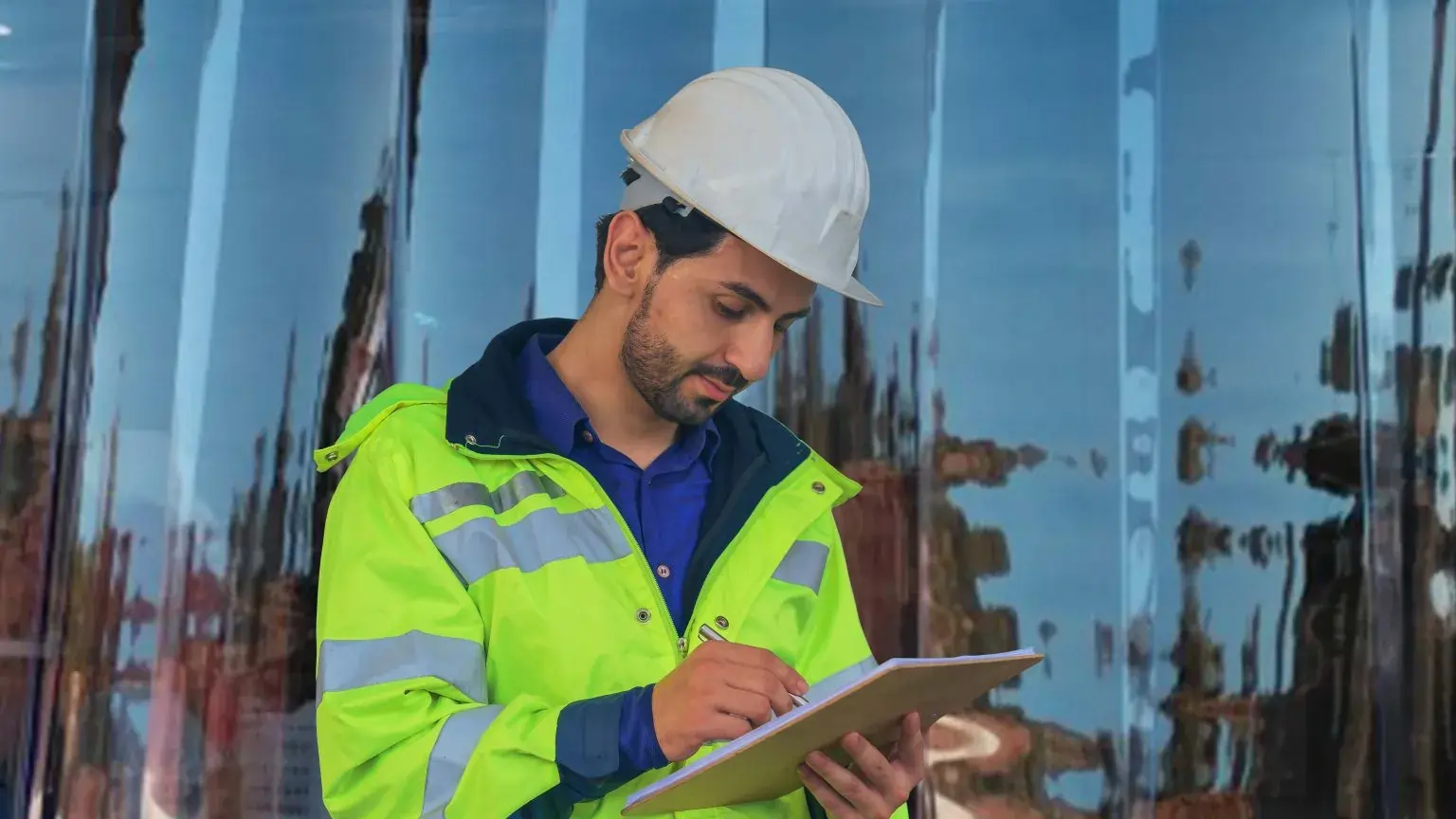 A inspector standing in front of PVC strip curtains writing on a clipboard