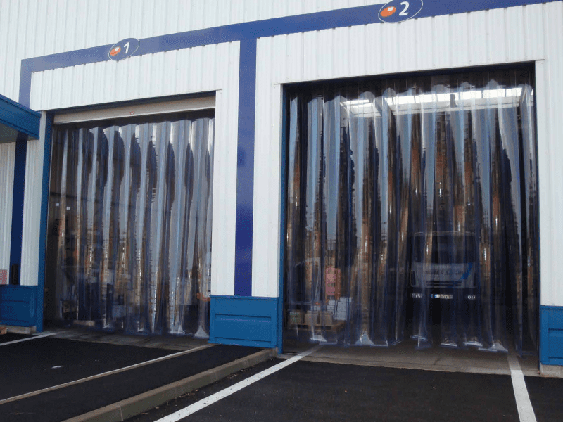 PVC strip curtains in a logistics warehouse for lorries to pass through