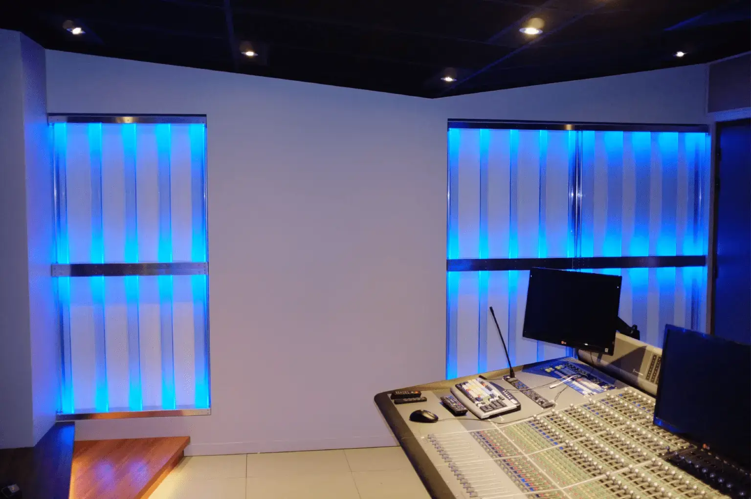 Sound studio with flexible PVC strip curtains in the windows for sound proofing