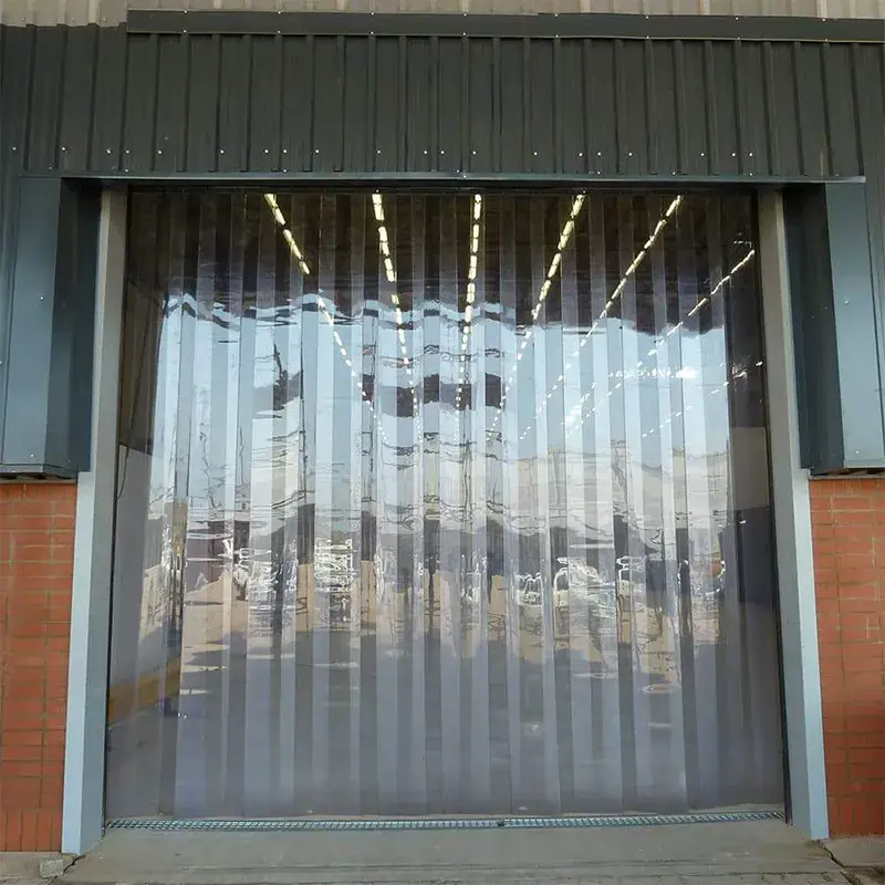 Cheap clear PVC strip curtains in a warehouse doorway