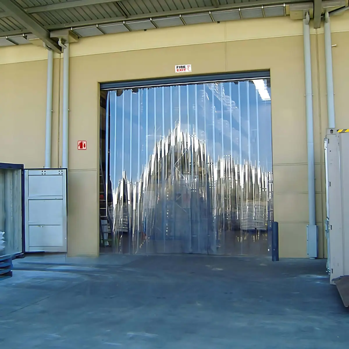 Fire retardant PVC strip curtain in a warehouse doorway