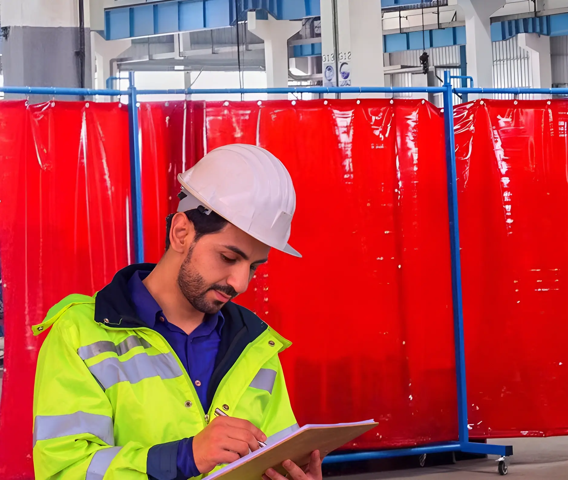 man inspecting the quality of the welding PVC strip curtains and partitions