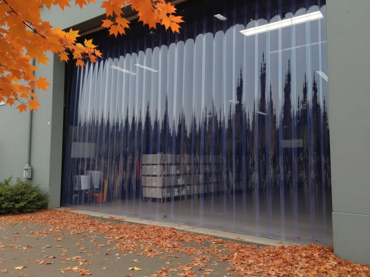 PVC Strip Curtain in a doorway acting as a barrier to prevent leaves, smoke, pests and dusts from entering the warehouse