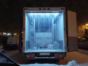 low temp polar pvc strip curtains in a cold storage truck in a cold environment with snow on the floor