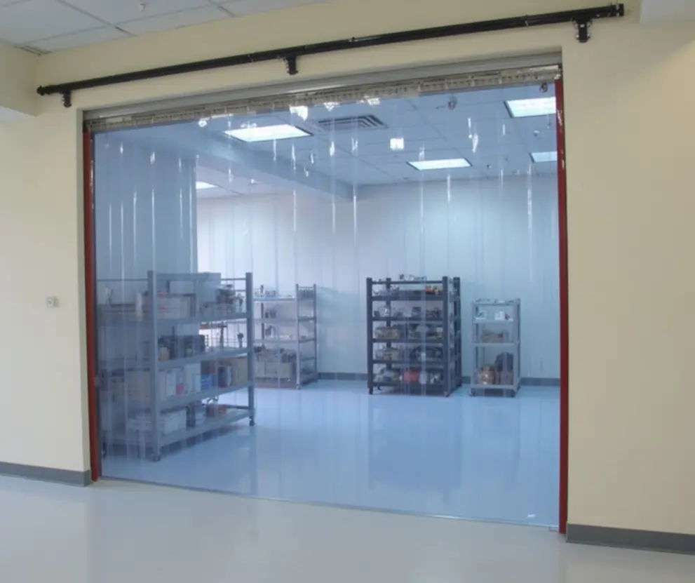 Food safe PVC strip curtains in a food safe environment such as a kitchen or food storage facility