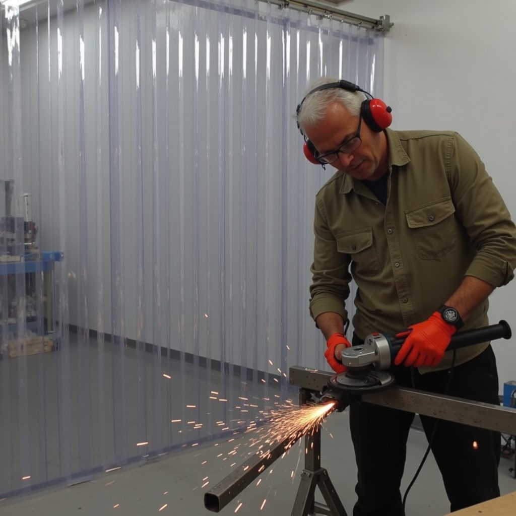 soundproof PVC strip curtains in a warehouse doorway with a man cutting a metal beam