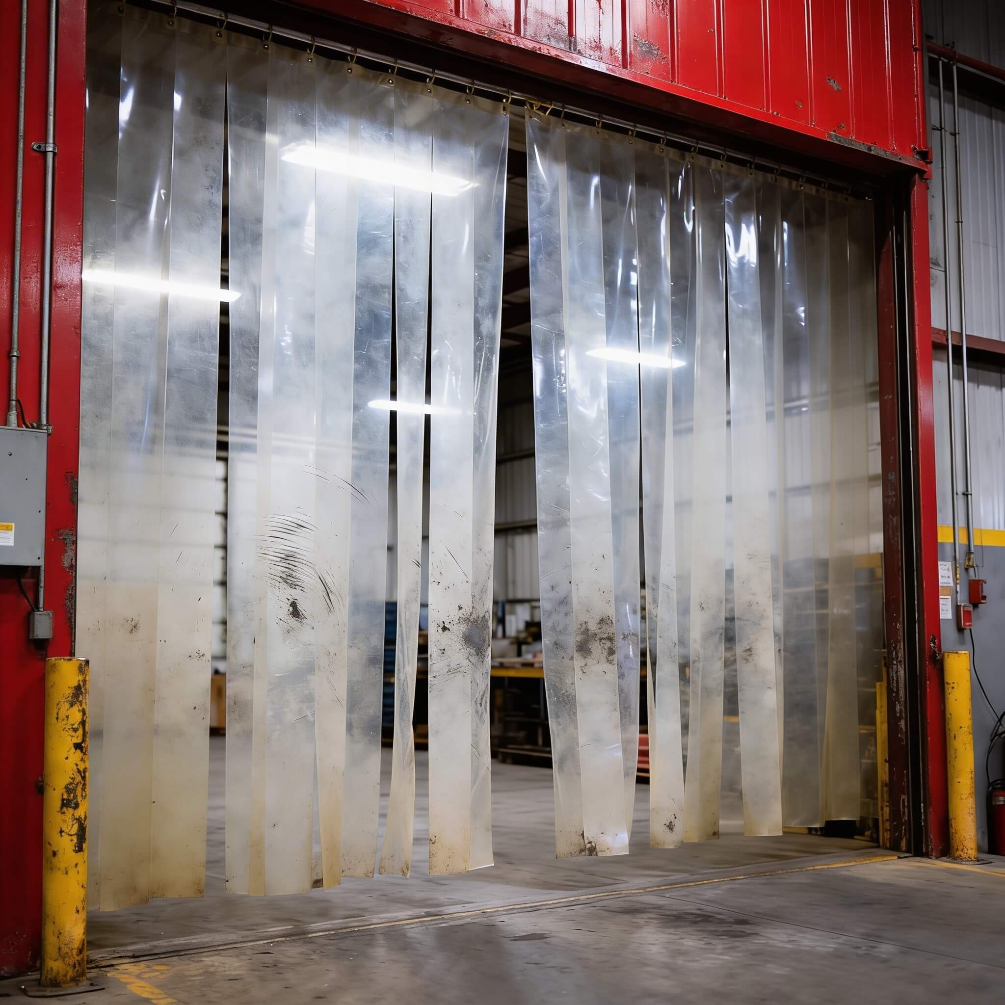 pvc strip curtains in a warehouse doorway slightly with slightly yellow strips