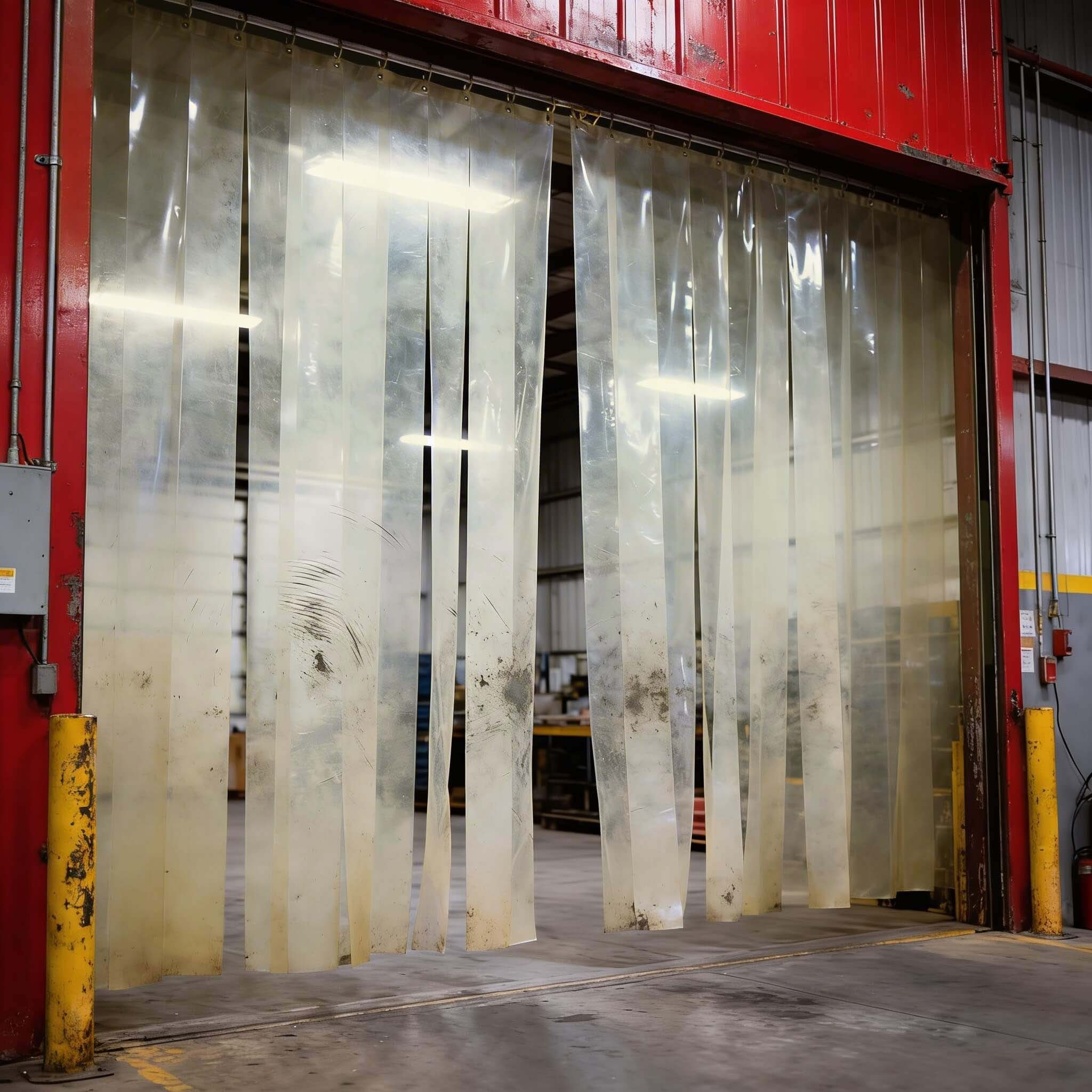 pvc strip curtains in a warehouse doorway slightly with slightly yellow strips
