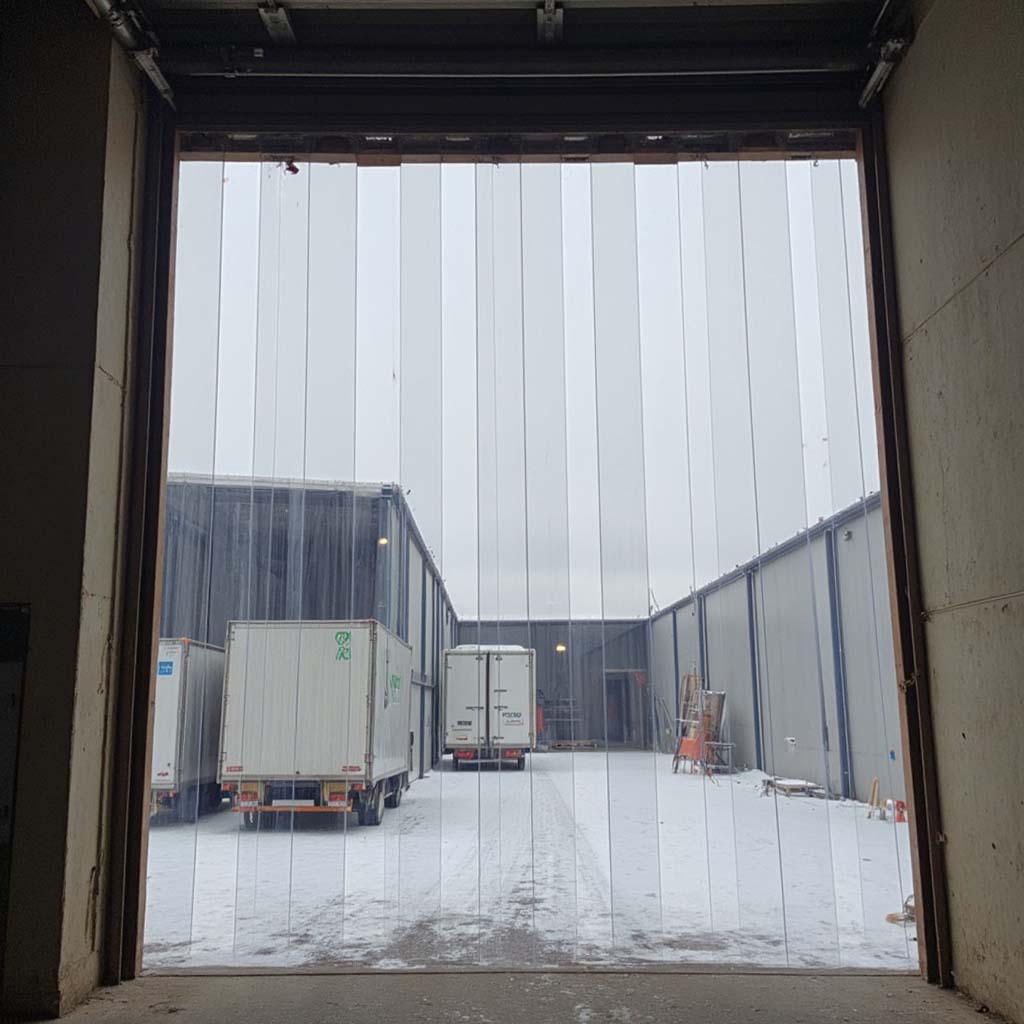 Polar low temperature PVC strip curtain in a cold area with snow used to keep the cold temperature out the doorway