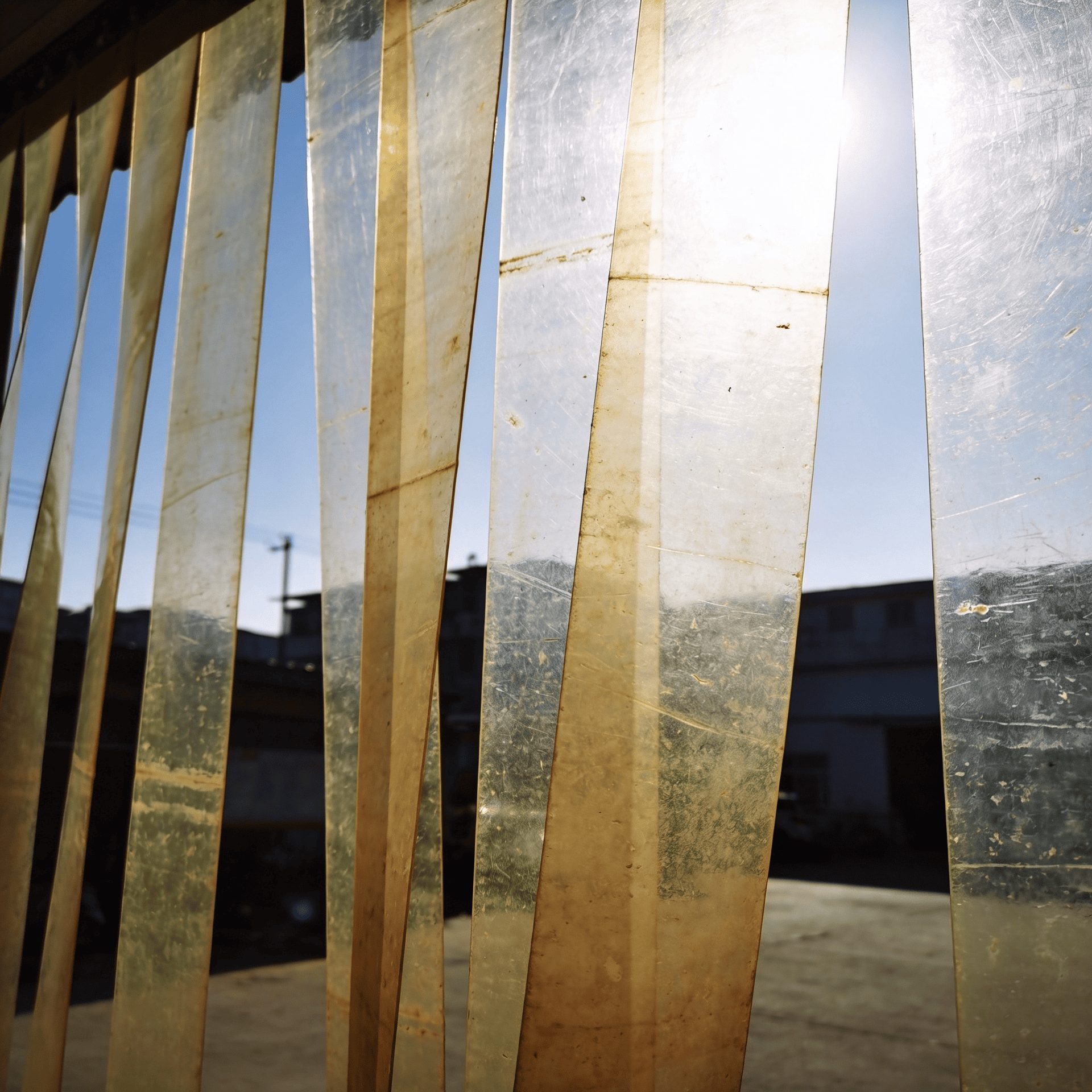 UV Damaged PVC strip curtains in the sunlight in the doorway of a warehouse