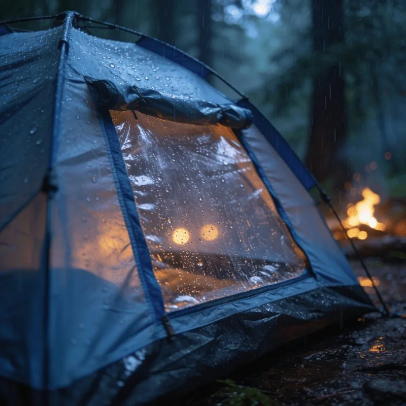 finevinyl fire retardant PVC window in a tent in the outdoors with a fire in the background