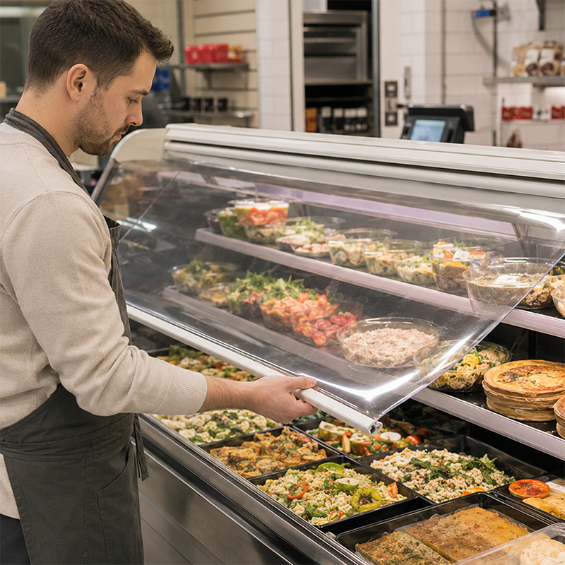 Lifting the Sheet Chiller Kit to access some food products in the fridge such as salads