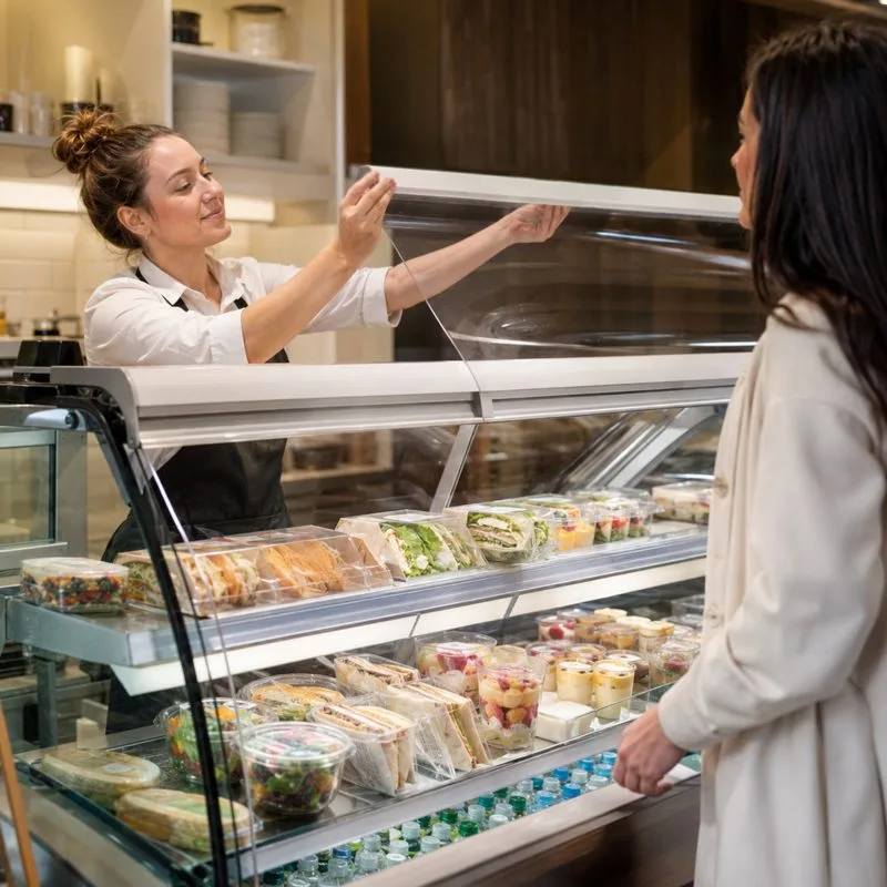 PVC Sheet Chiller Kit in a grocery store or super market deli fridge with the person behind the counter lifting the sheet