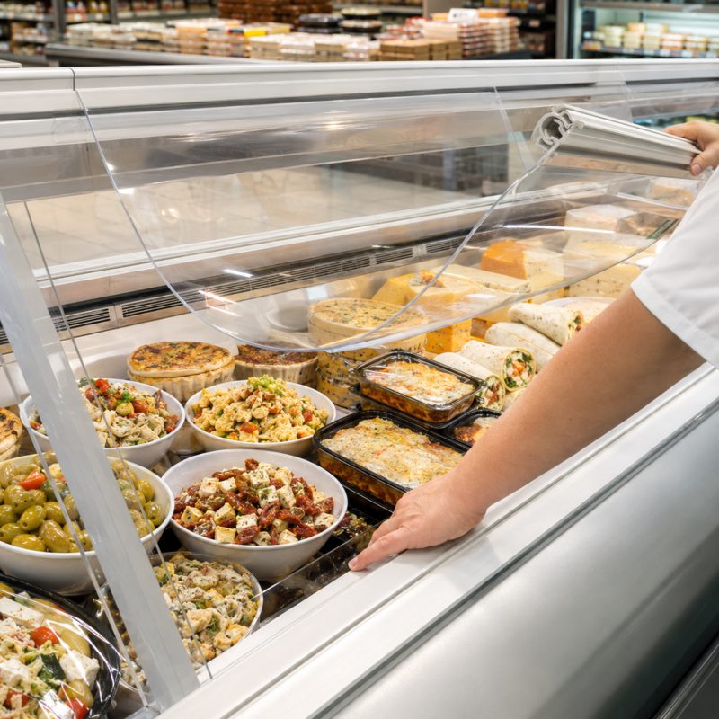 PVC Sheet Chiller Kit in a grocery store or super market deli fridge with an assortment of olives and cheeses in the fridge