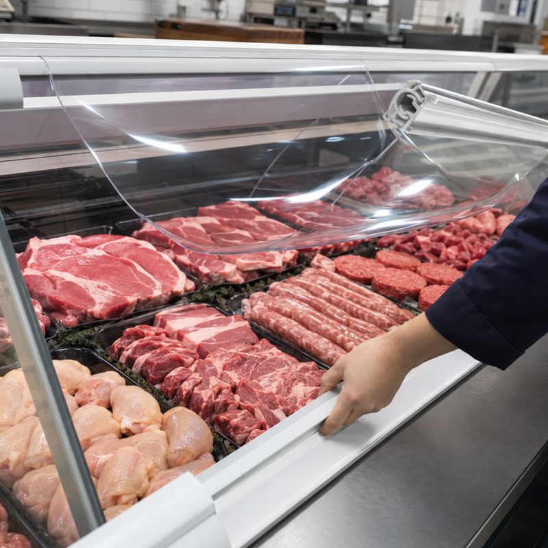 PVC Sheet Chiller Kit in a grocery store or super market deli fridge with an assortment of meat products in the fridge